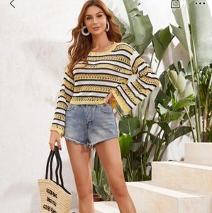 Drop Shoulder Open Knit Striped Cover Up Top